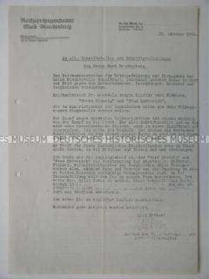 Rundschreiben des Reichspropagandaamtes der Mark Brandenburg an alle Schriftsteller zum Gebrauch der Schlagworte "Herr Bramsig" und "Frau Knöterich" für "Gerüchtemacher, Spießbürger, Meckerer und dergleichen"