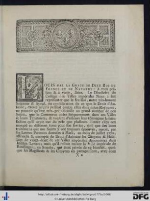 Lettres Patentes Du Roi, En Faveur de la Ville impériale de Reutlingen, pour l'Exemption du Droit d'Aubaine & la liberté du Commerce.