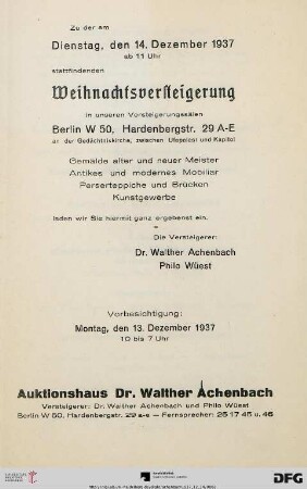 Auktionshaus Dr. Walther Achenbach: Gemälde alter und neuer Meister, antikes und modernes Mobiliar, Perserteppiche und Brücken, Kunstgewerbe : Weihnachtsversteigerung, 14. Dezember 1937