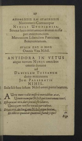 Antidora in Vetus atque novum Nihil