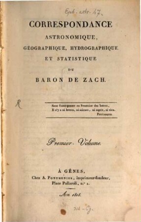 Correspondance astronomique, géographique, hydrographique et statistique. 1. 1818