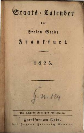 Staats-Kalender der Freien Stadt Frankfurt. 1825