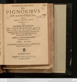 Disputatio Iuridica. De Pignoribus Et Hypothecis