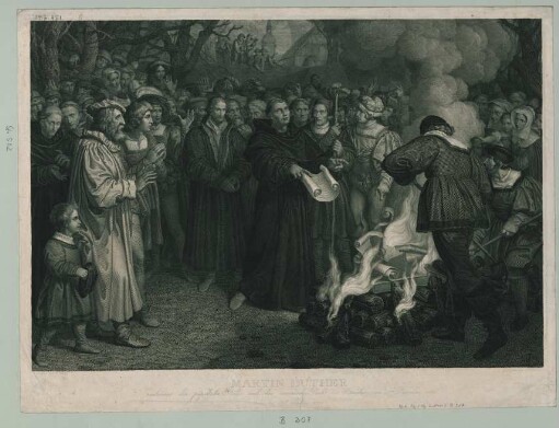 Martin Luther verbrennt die päpstliche Bulle und das canonische Recht vor Wittenberg am 10ten December 1520