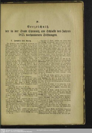 E. Verzeichniß der in der Stadt Chemnitz am Schlusse des Jahres 1875 vorhandenen Stiftun-gen