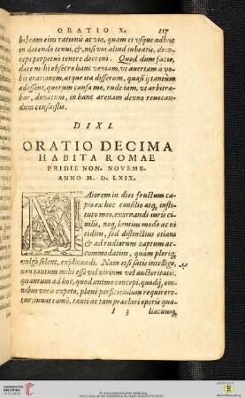 Oratio Decima. Habita Romae. Pridie Non. Novemb. Anno M. D. LXIX.