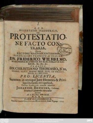 Dissertatio Inauguralis, De Protestatione Facto Contraria