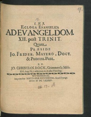 Ecloga Evangelica Ad Evangel. Dom. XII. post Trinit.