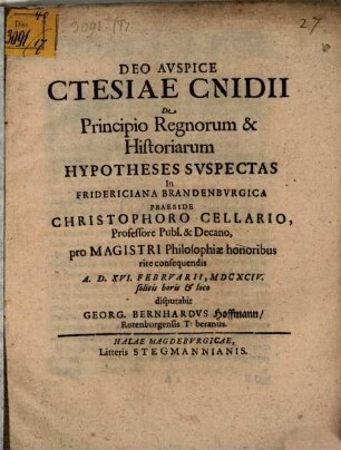 Ctesiae Cnidii de prinicpio regnorum et historiarum hypotheses suspectas