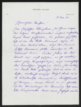 Brief von Ludwig Justi von Nationalgalerie <Berlin> an Gerhart Hauptmann