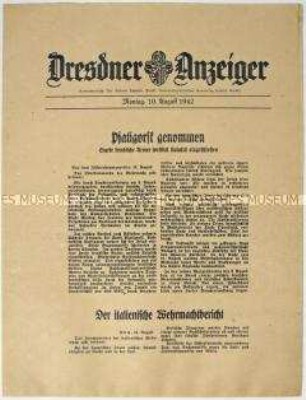Nachrichtenblatt "Dresdner Anzeiger" mit Meldungen des Oberkommandos der Wehrmacht und des italienischen Oberkommandos u.a. zum Kriegsgeschehen im Kaukasus