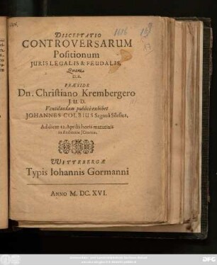 Disceptatio Controversarum Positionum Iuris Legalis & Feudalis