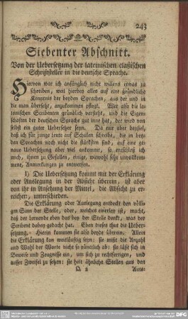 Siebenter Abschnitt. Von der Übersetzung der lateinischen claßischen Schriftsteller in die deutsche Sprache