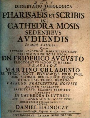 Diss. theol. de pharisaeis et scribis in cathedra Mosis sedentibus audiendis : ex Matth. XXIII. 1 - 3