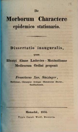 De morborum charactere epidemico stationario : diss. inaug.