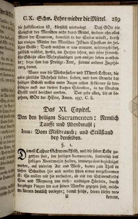 Das XI. Capitel. Von den heiligen Sacramenten: Nemlich Tauffe und Abendmahl; [...]