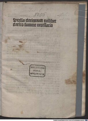 Stella clericorum : mit Gedicht ‘Aspice presentis...’ auf das Werk in Akrostichonform zur Nennung des Druckers Antoine Caillaut