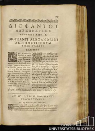 Diophanti Alexandrini Arithmeticorum Liber Quartus.