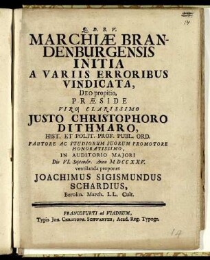 Marchiae Brandenburgensis Initia A Variis Erroribus Vindicata, Deo propitio