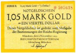 Geldschein / Notgeld, 1/4 Dollar (USD), 1,05 Goldmark, 8.11.1923