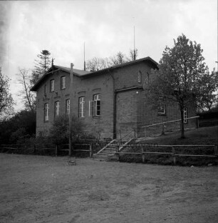 Volksschule: Rückfront: vorn Schulhof: hinten Mitte Treppe: rechts Bäume