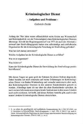 205-220, Kriminologischer Dienst - Aufgaben und Probleme