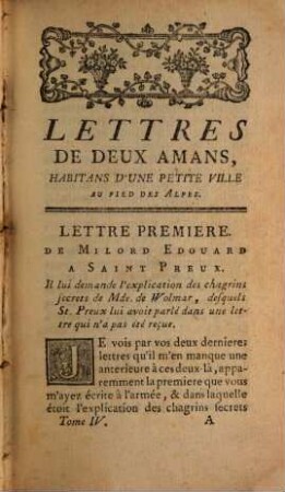 La Nouvelle Héloise Ou Lettres De Deux Amans, Habitans D'une petite Ville au pied des Alpes, 4
