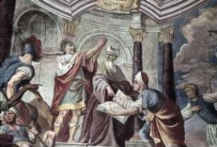 König Josia mit dem Hohepriester Hilkia und dem Staatsschreiber Schaphan vor dem gefundenen Gesetzbuch aus dem Tempel des Herrn