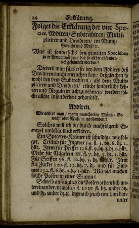 Erklärung der vier Species im Müntz, Gewicht und Maß