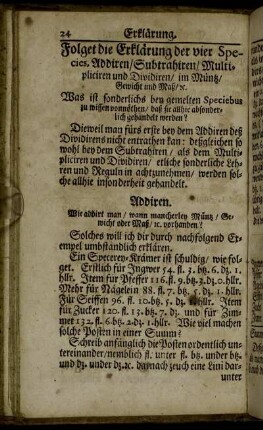 Erklärung der vier Species im Müntz, Gewicht und Maß