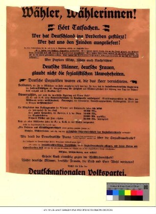 Originaltitel: Wähler, Wählerinnen! hört Tatsachen. Wer hat Deutschland ins Verderben gestürzt? Wer hat uns den Feinden ausgeliefert?