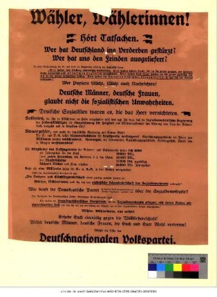 Originaltitel: Wähler, Wählerinnen! hört Tatsachen. Wer hat Deutschland ins Verderben gestürzt? Wer hat uns den Feinden ausgeliefert?