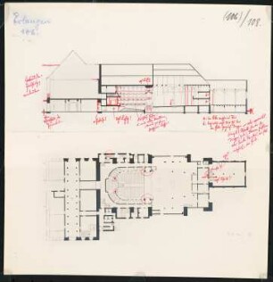 Komödienhaus, Erlangen: Grundriss und Längsschnitt