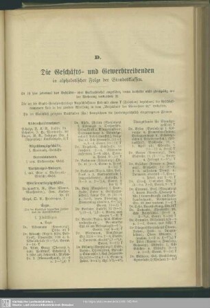 D. Berufsklassen und Gewerbebetriebe : D. Die Geschäfts- und Gewerbetreibenden