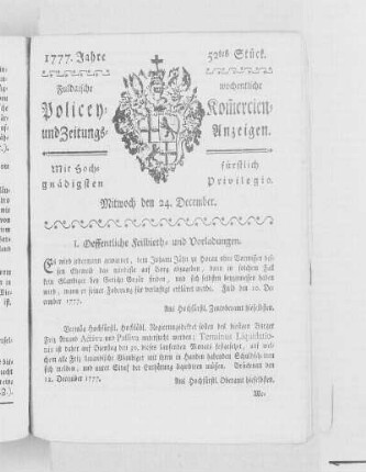 52tes Stück, Ausgabe vom 24. December 1777