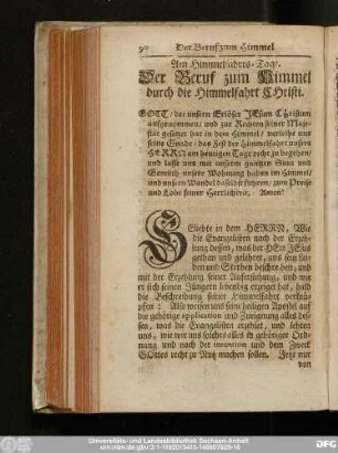 Am Himmelfahrts-Tage. Der Beruf zum Himmel durch die Himmelfahrt Christi.