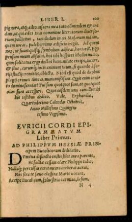 Euricii Cordi Epigrammatum Liber Primus.