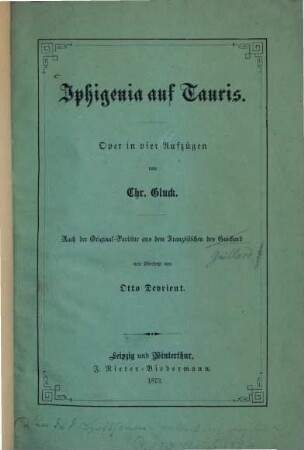 Iphigenia auf Tauris : Oper in vier Aufzügen