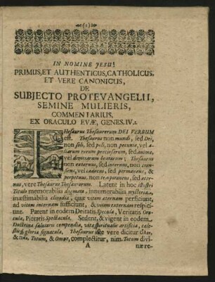 Primus, Et Authenticus, Catholicus, Et Vere Canonicus, De Subiecto Protevangelii, Semine Mulieris, Commentarius, Ex Oraculo Evae ...