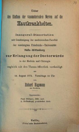 Ueber den Einfluss der vasomotorischen Nerven auf die Hautkrankheiten : Inaug. Diss.