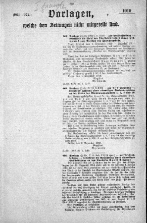 Anlage: (964-972.), Vorlagen, welche den Zeitungen nicht mitgeteilt sind, 18. Dezember 1919