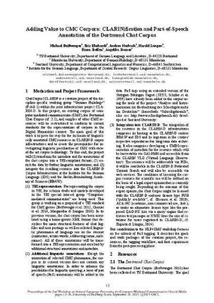 Adding Value to CMC Corpora: CLARINification and Part-of-speech Annotation of the Dortmund Chat Corpus