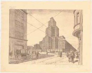 Hochhaus auf einem Baublock im Zentrum Berlins: Perspektivische Ansicht (von Inv.Nr. 9015)