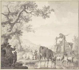 Bei einem Wasser zwei Kühe, zwei Pferde und eine Ziege, links der Hirte mit dem Hunde