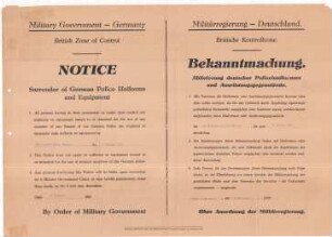 Bekanntmachung der Militärregierung Deutschland, Britisches Kontrollgebiet - Ablieferung deutscher Polizeiuniformen und Ausrüstungsgegenstände