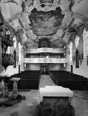 Meitingen-Herbertshofen. Katholische Pfarrkirche Sankt Clemens (1754/1755). Inneres zur Orgel