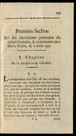 Premiere Section Sur les excretions generales du corps humain, & communes aux deux sexes, & à tout age