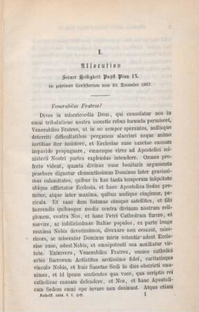 1-4 Allocution Seiner Heiligkeit Papst Pius IX. im Geheimen Consistorium vom 20. December 1867