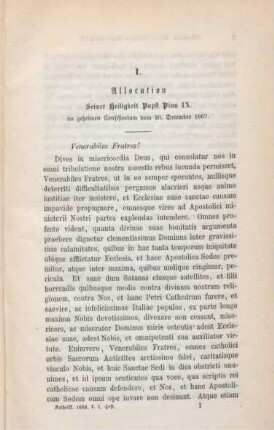 1-4 Allocution Seiner Heiligkeit Papst Pius IX. im Geheimen Consistorium vom 20. December 1867
