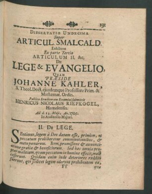 Dissertatio Undecima... Articulum II. &c. De Lege & Evangelio, ...